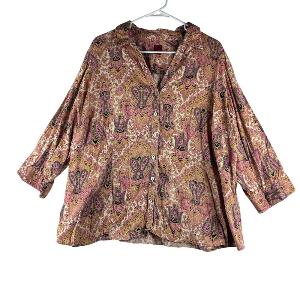212 Collection Button Down Blouse Women's 3X Paisley Stretch Pink Yellow Green